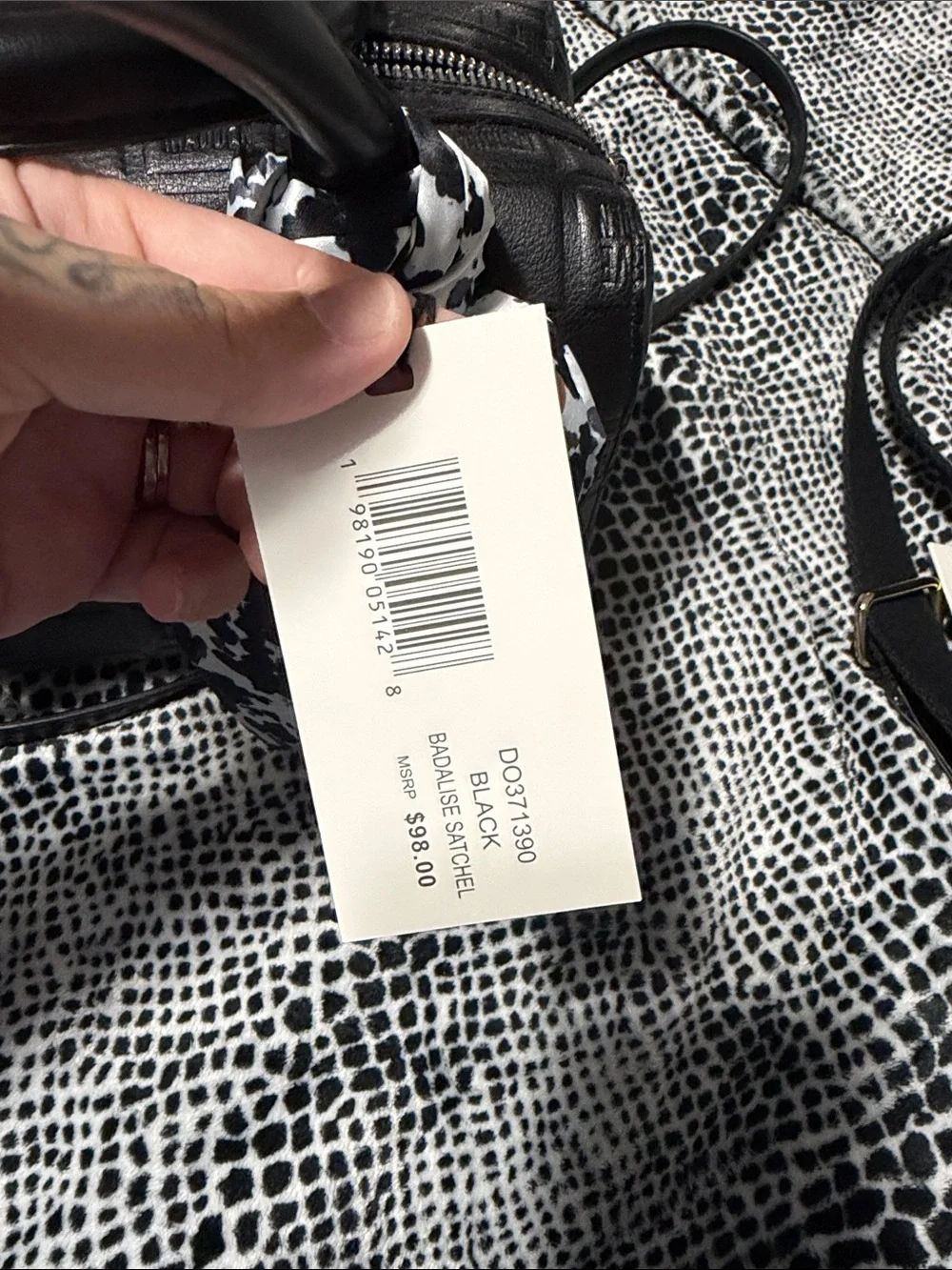 Steve Madden Black Quilted Satchel with Black & White Scarf Accent